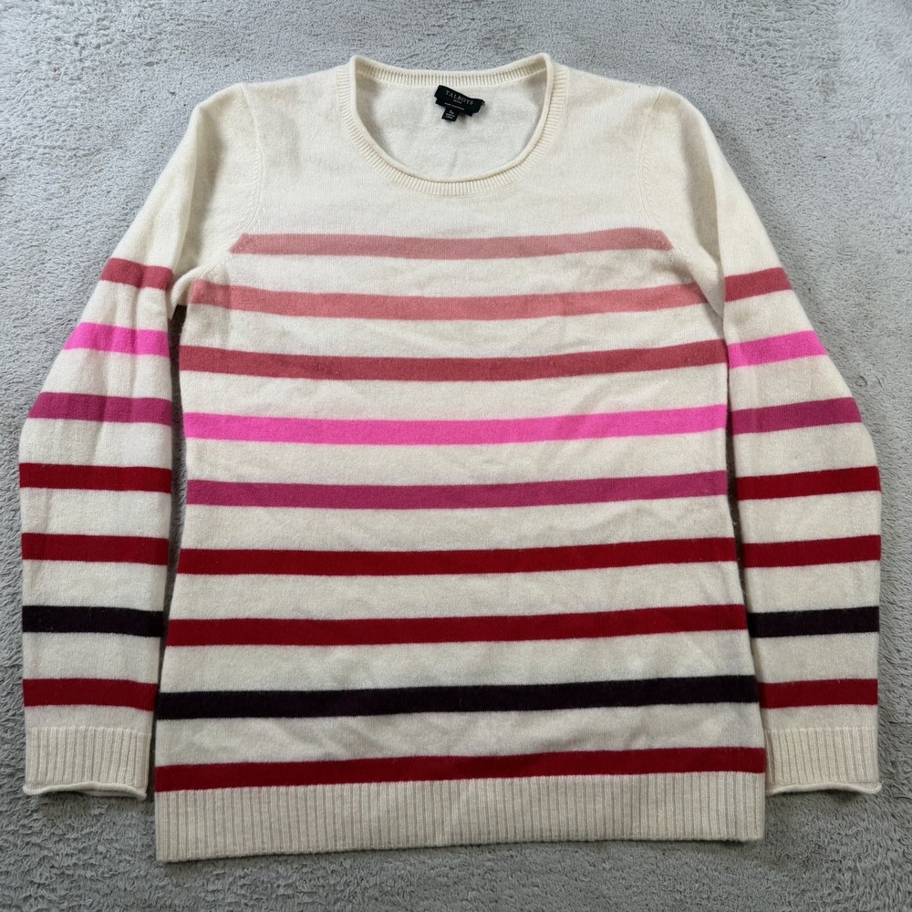Talbots Sweater Womens Small Petite Cream Stripe 100% Cashmere Crewneck Pullover